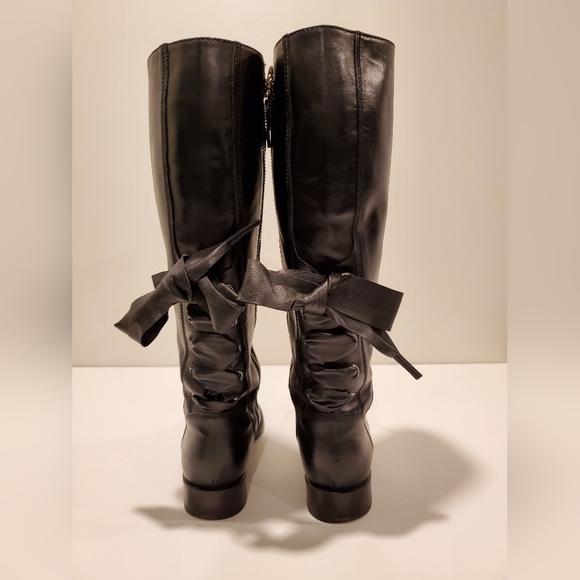 Valentino Ascot Ribbon Lace-Up Boots Black Leather Size 38 1/2 Knee High - Picture 2 of 10
